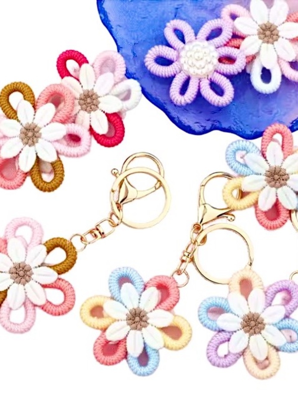SET OF 3 CROCHETED BOHEMIAN FLOWER MACRAME BAG CHARMS / KEY CHAINS - Picture 4 of 4
